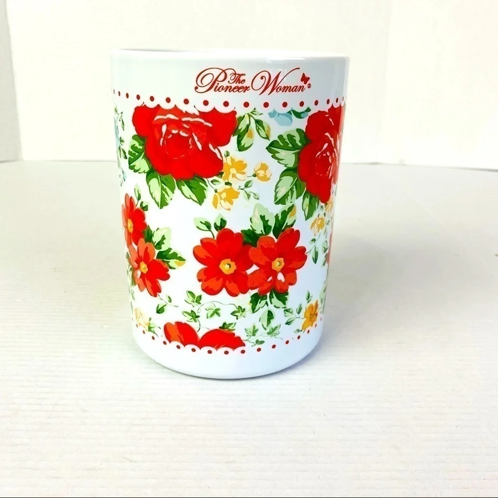 Vintage/Retired The Pioneer Woman Red Floral Ceramic Utensil Crock